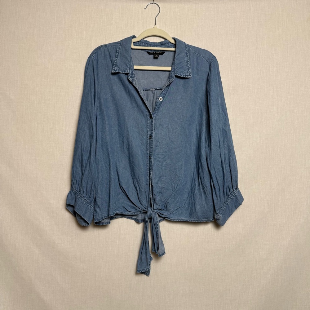 Zac & Rachel Chambray Lyocell Button Front Tie-Hem Blouse Crop XL